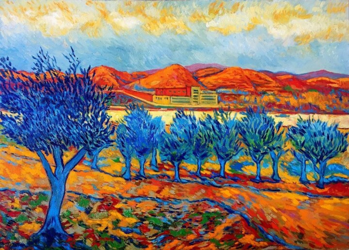 Painting titled "Le Douro à Peso da…" by Jacques Metairie, Original Artwork, Oil