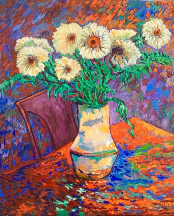 Painting titled "Bouquet de margueri…" by Jacques Metairie, Original Artwork, Oil