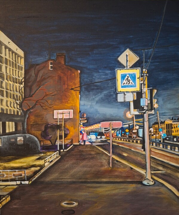 Painting titled "Near Obvodny Canal…" by Elena Giger, Original Artwork, Acrylic Mounted on Wood Stretcher frame