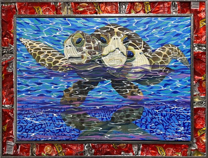 Pintura titulada "Aqua Turtles" por Laurent Messager, Obra de arte original, Oleo Montado en Bastidor de camilla de madera