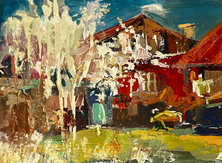 Schilderij getiteld "Houses with Red Roo…" door Vahe Bagumyan, Origineel Kunstwerk, Olie Gemonteerd op Frame voor houten bra…