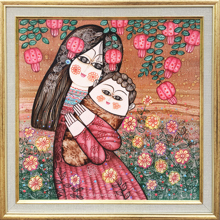 Schilderij getiteld "Mother’s Joy" door Armen Vahramyan, Origineel Kunstwerk, Olie Gemonteerd op Frame voor houten brancard