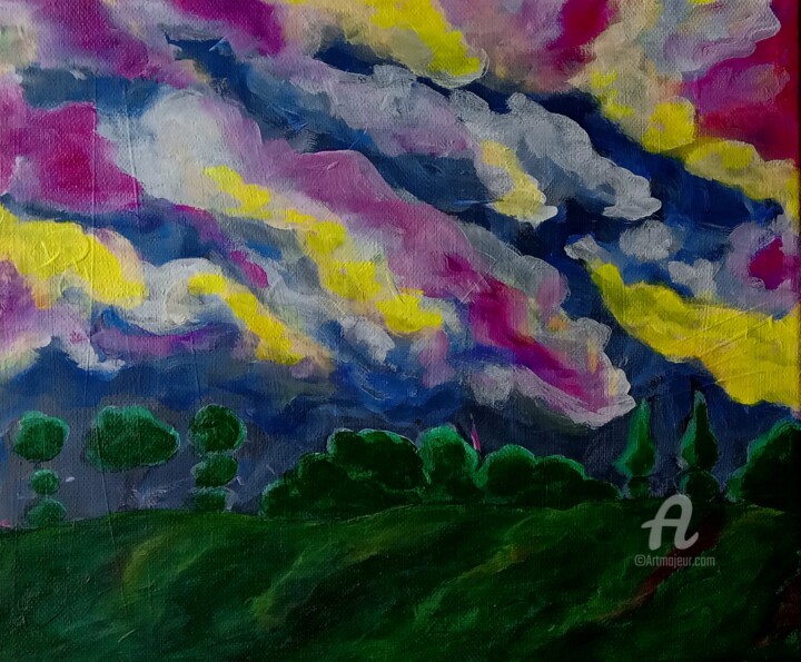 Painting titled "Landscape I." by Metka Gelt, Original Artwork, Acrylic Mounted on Wood Stretcher frame
