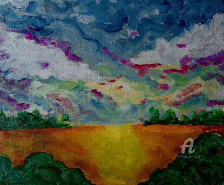 Painting titled "Landscape II." by Metka Gelt, Original Artwork, Acrylic Mounted on Wood Stretcher frame