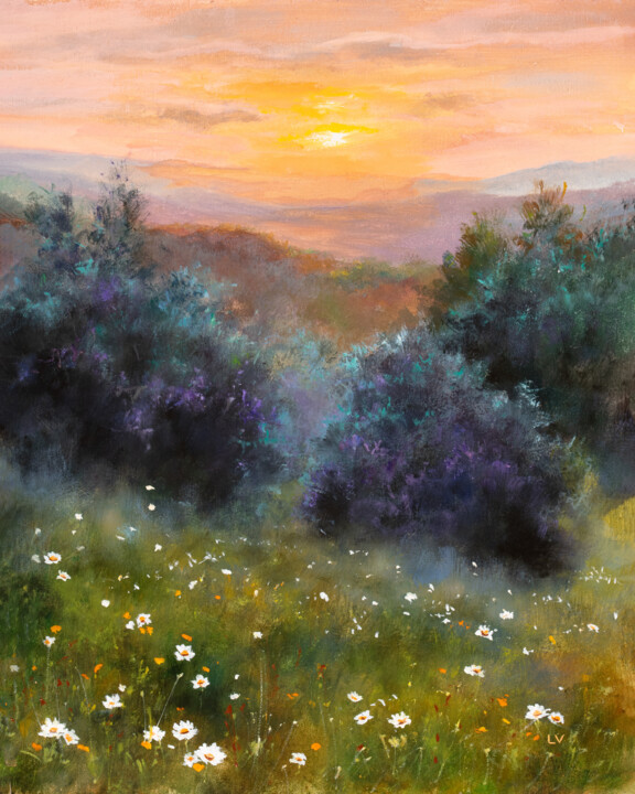 Painting titled "Sunset with white d…" by Lucia Verdejo, Original Artwork, Oil Mounted on Wood Panel