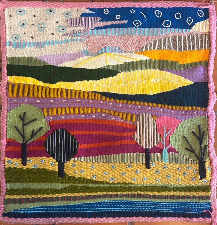 Textile Art titled "A Cloudy Day" by Jeff Ferst, Original Artwork, Tapestry Mounted on Wood Stretcher frame