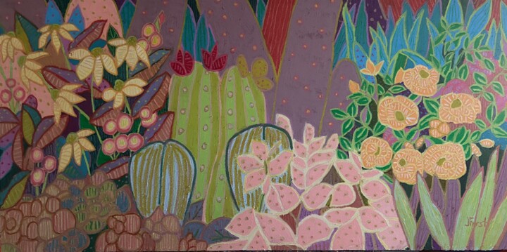 Painting titled "Cactus Garden with…" by Jeff Ferst, Original Artwork, Oil Mounted on Wood Stretcher frame