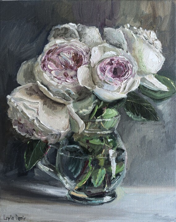 绘画 标题为“Pink roses in glas…” 由Leyla Demir, 原创艺术品, 油 安装在木质担架架上