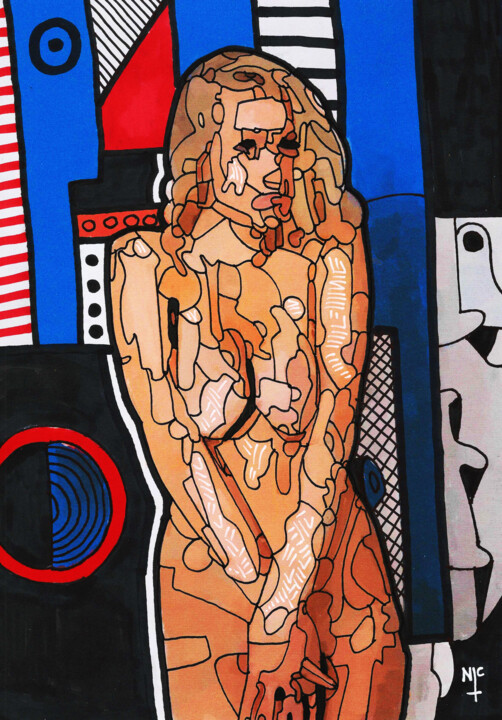 NUDE IN FRONT OF AN ABSTRACT PAINTING Resim, 12x8 in