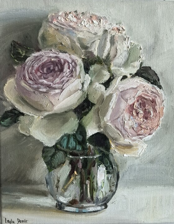 绘画 标题为“White roses bouquet” 由Leyla Demir, 原创艺术品, 油 安装在木质担架架上