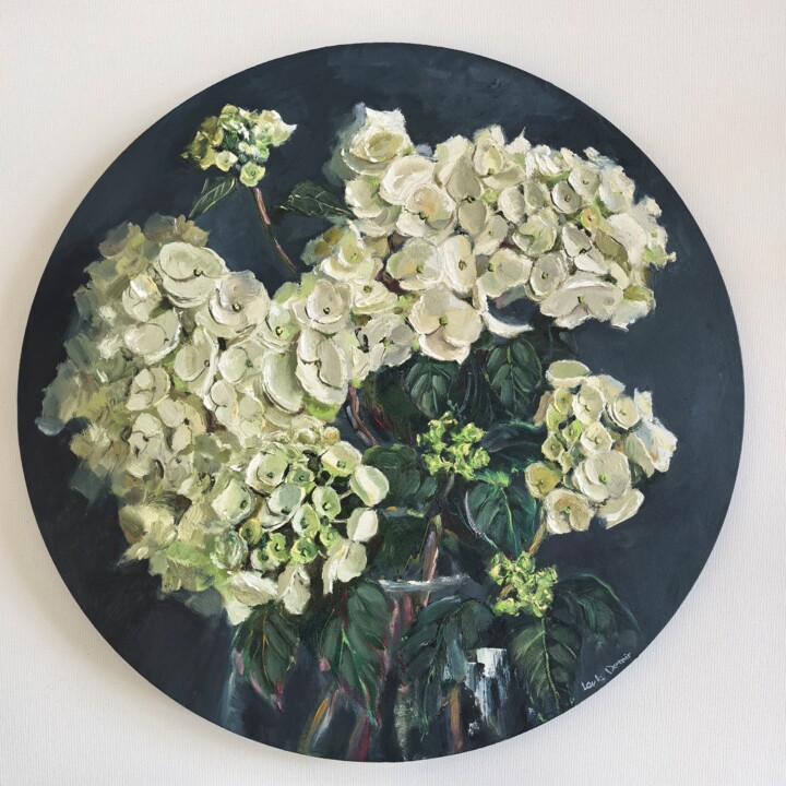 绘画 标题为“White hydrangea bou…” 由Leyla Demir, 原创艺术品, 油 安装在木质担架架上
