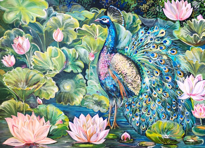 绘画 标题为“Peacock in the Pink…” 由Diana Editoiu, 原创艺术品, 水彩