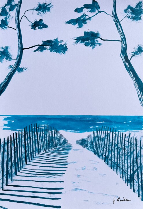 Painting titled "Sainte-Marine - ble…" by Frédéric Cadiou, Original Artwork, Ink