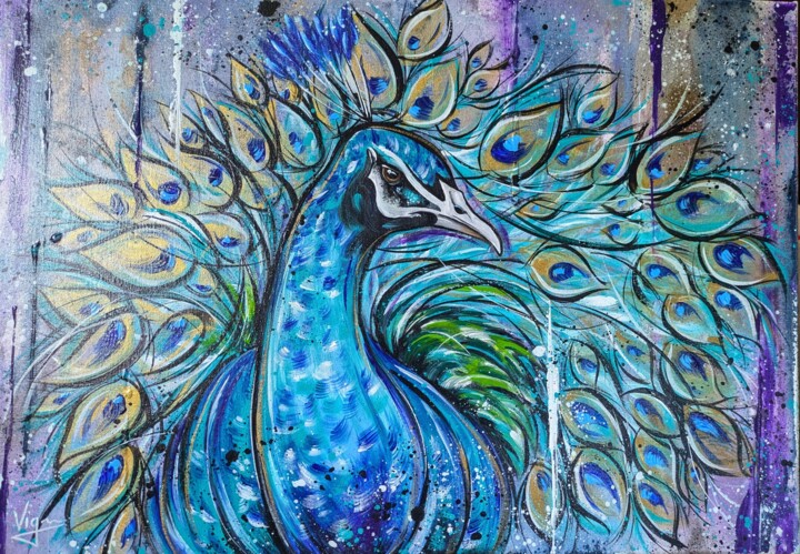 Paon animal street art violet bleu 绘画, 19.7x27.6 in
