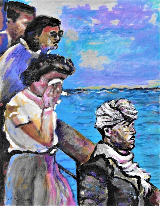 Painting titled "L'Exode de 1962" by Jean-Louis Martinez, Original Artwork, Acrylic Mounted on Cardboard