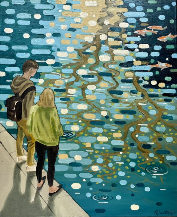 Painting titled "CANALSIDE" by Robert Inestroza, Original Artwork, Oil Mounted on Wood Stretcher frame