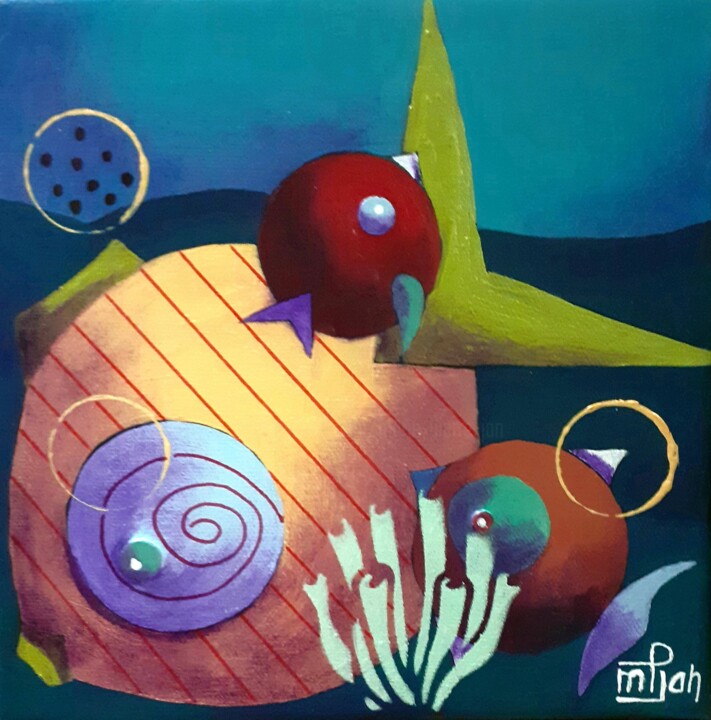 绘画 标题为“Poissons 2” 由Marie-Pierre Jan, 原创艺术品, 丙烯 安装在木质担架架上