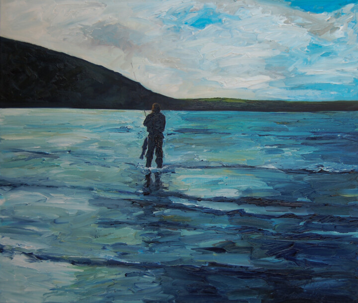 Painting titled "Fishing / Shetland" by Ute Meyer, Original Artwork, Oil Mounted on Wood Stretcher frame