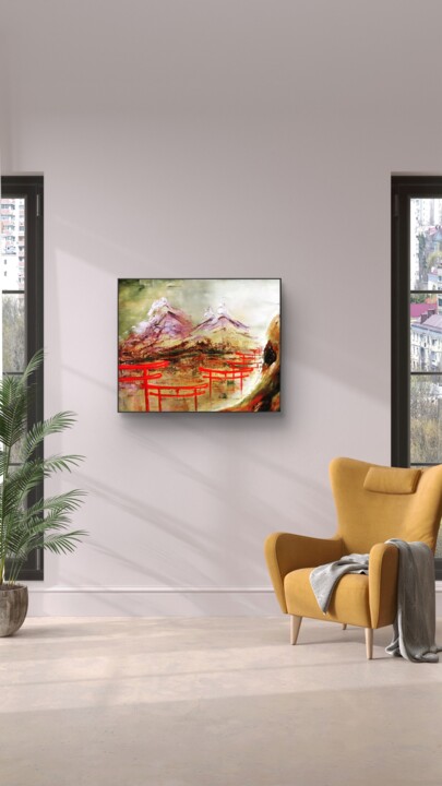 Red Torii Path – Spiritual Mountain Oil Painting on Linen