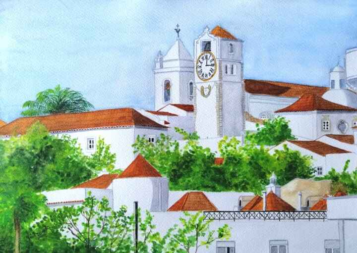 Painting titled "Tavira verde" by Inês Dourado, Original Artwork, Watercolor