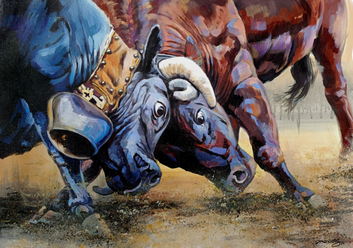 combat de deux vaches 绘画, 28.7x23.6 in