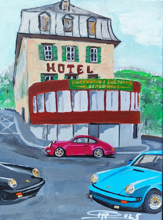 3 Porsche am Furkapass, Hotel Belvedere, Pintura, 15,8x11,8 in