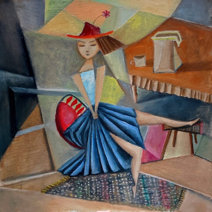 cubism oil painting on canvas original 绘画, 19.7x19.7 in