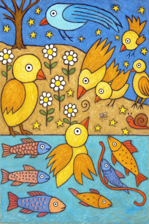 Composition oiseaux poissons Digital Arts, 23.6x15.8 in