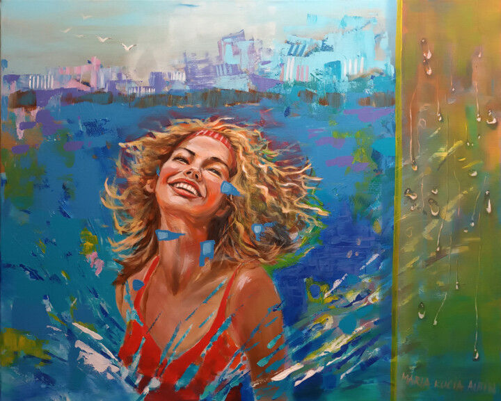 Painting titled "Wakacje" by Maria Kucia-Albin, Original Artwork, Acrylic Mounted on Wood Stretcher frame