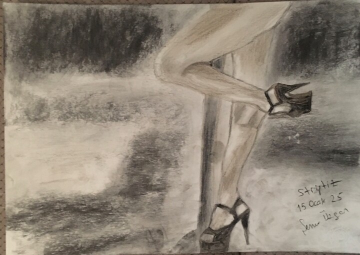 Drawing titled "STRIPTIZ" by Sennur Üzgen, Original Artwork, Charcoal