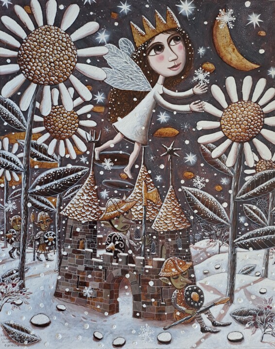 Reine des fées s'évadant du château de l'hiver Malarstwo, 31,9x25,6 in