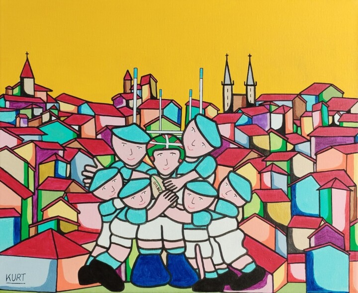 Painting titled "Bayonne et l'Aviron…" by Didier Dordeins, Original Artwork, Acrylic Mounted on Wood Stretcher frame