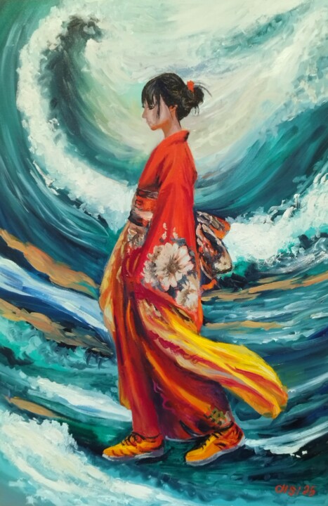 Artwork Woman in a Red Kimono and the Ocean Tablo, 23,6x15,8 in