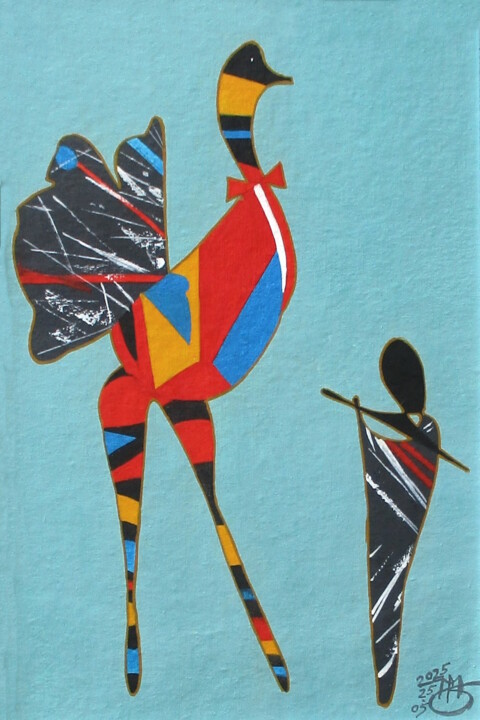 “Flutist and Ostrich” Painting, 11.8x7.9 in