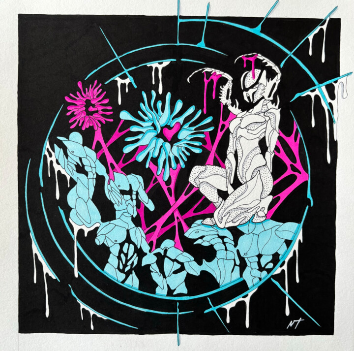 Nymphomania – Fuchsia & Neon Blue | Markers on Paper 图画, 9.8x9.8 in