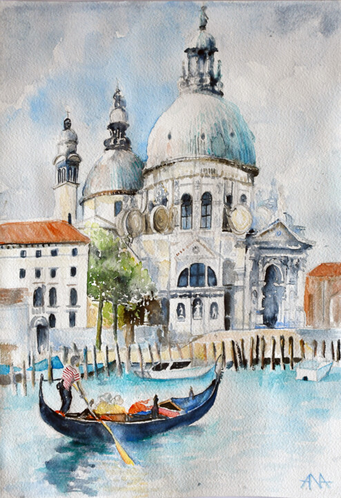 Painting titled "Poranek przy Santa…" by Ana Smarz, Original Artwork, Watercolor