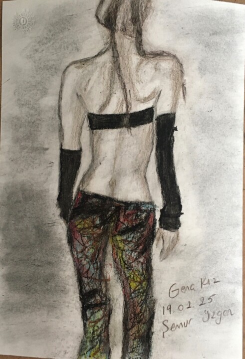 Drawing titled "Young Girl" by Sennur Üzgen, Original Artwork, Charcoal