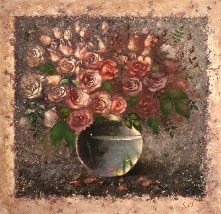 Painting titled "" A bouquet of rose…" by Svetlana Petruša, Original Artwork, Oil Mounted on Wood Stretcher frame