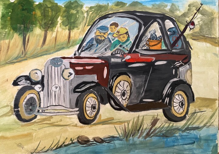 Painting titled "Fishing with grandpa" by Valentyn Oladenko, Original Artwork, Gouache Mounted on Wood Stretcher frame