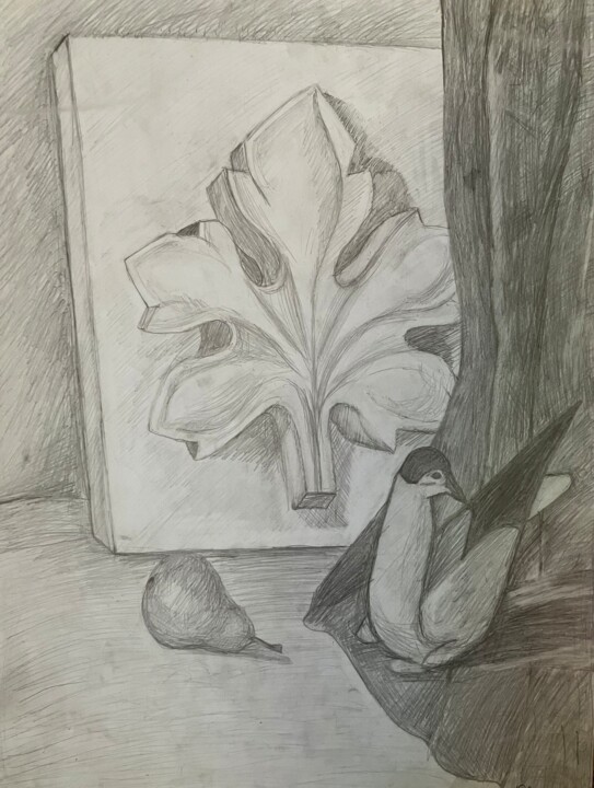 Painting titled "Nature morte with p…" by Valentyn Oladenko, Original Artwork, Pencil Mounted on Wood Panel
