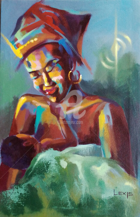 Painting titled "Motherhood, My moth…" by Alex Mensah, Original Artwork, Acrylic
