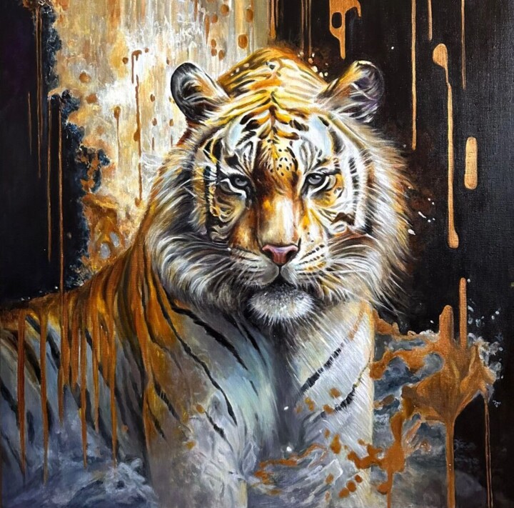 Уникальная картина ручной работы Загадочный тигр 绘画, 31.5x31.5 in