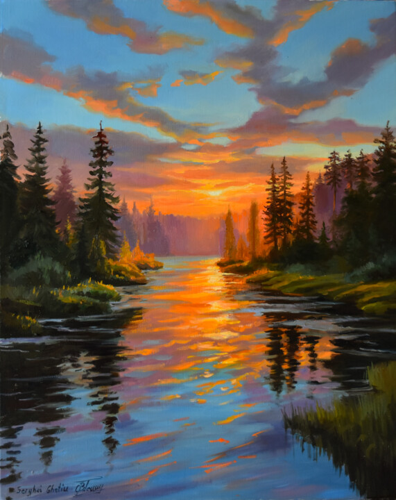 Painting titled "The sunset in the f…" by Serghei Ghetiu, Original Artwork, Oil Mounted on Wood Stretcher frame