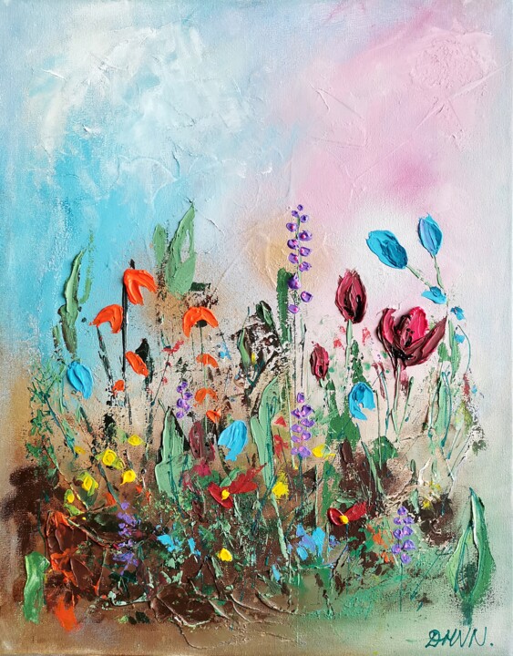 Meadow flowers abstract palette knife painting. Schilderij, 19,7x15,8 in