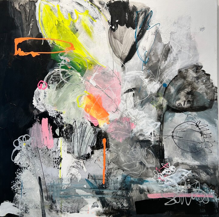 Schilderij getiteld "Flowers in the night" door Christiane Sottile, Origineel Kunstwerk, Grafiet Gemonteerd op Frame voor ho…