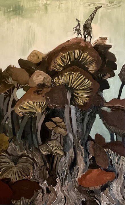 A giraffe and okapi looking out over a forest of fungi 绘画, 27.6x19.7 in