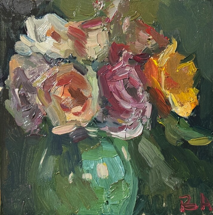 Cobalt green vase with bright rose 绘画, 7.9x7.9 in