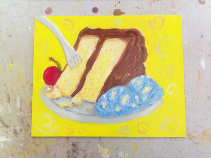 Yellow Cake with Blue Moo Cookie Dough Ice Cream 绘画, 6x7.5 in