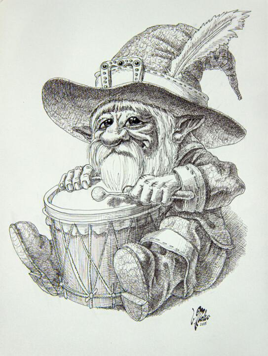 Drawing titled "The Drum Master" by Victor Molev, Original Artwork, Ink
