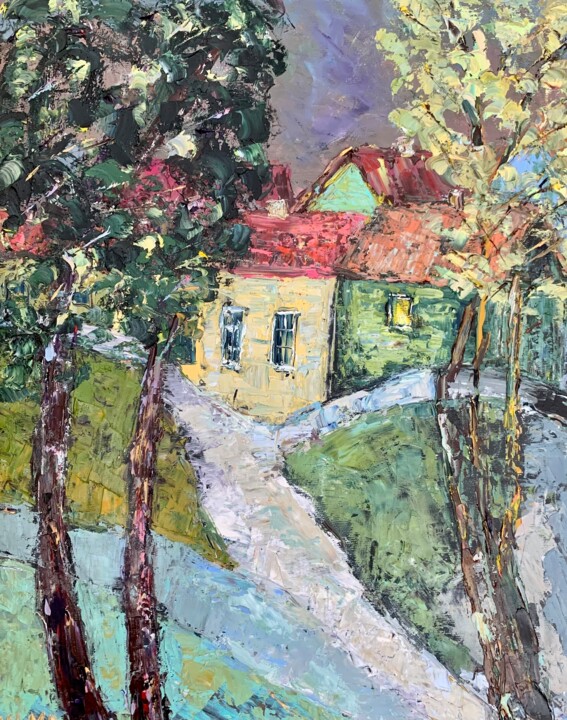 Painting titled "Village Landscape O…" by Vilma Gataveckiene, Original Artwork, Oil